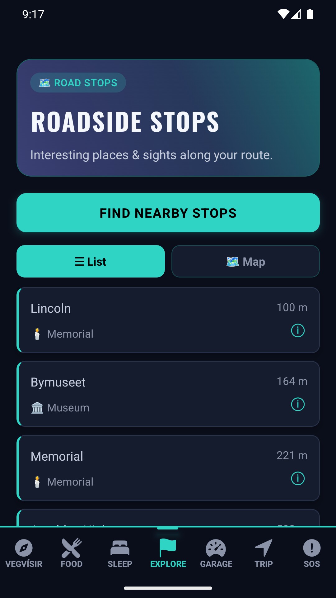 Roadside Stops screen — interesting places and sights along your route